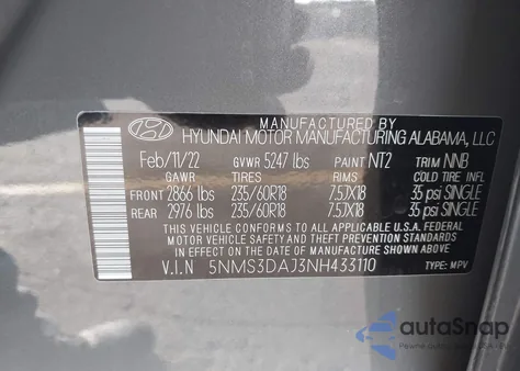 2022 Hyundai Santa Fe Sel from USA, damaged, VIN 5NMS3DAJ3NH433110